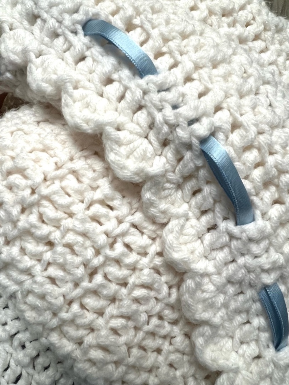 Vintage Style Crochet White Baby Blanket Blue Satin Ribbon Edging 37” X 31” - Picture 3 of 3